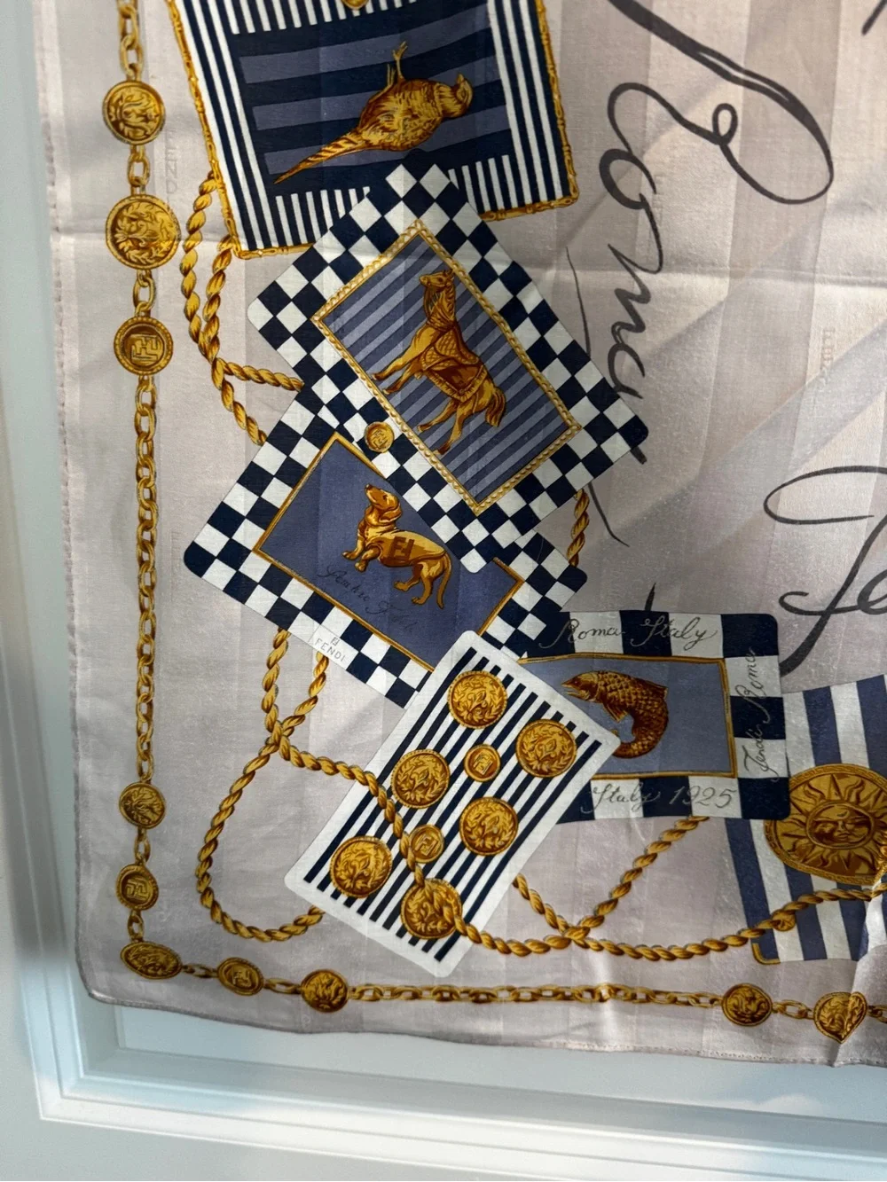 Fendi Beige, Navy & Gold Chain Motif Silk Scarf - Picture 7 of 10